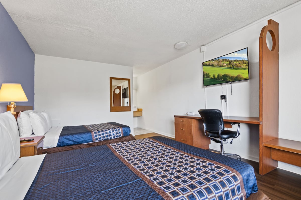 Une chambre d’hôtel avec deux lits, un bureau, une chaise, une télévision et un miroir.