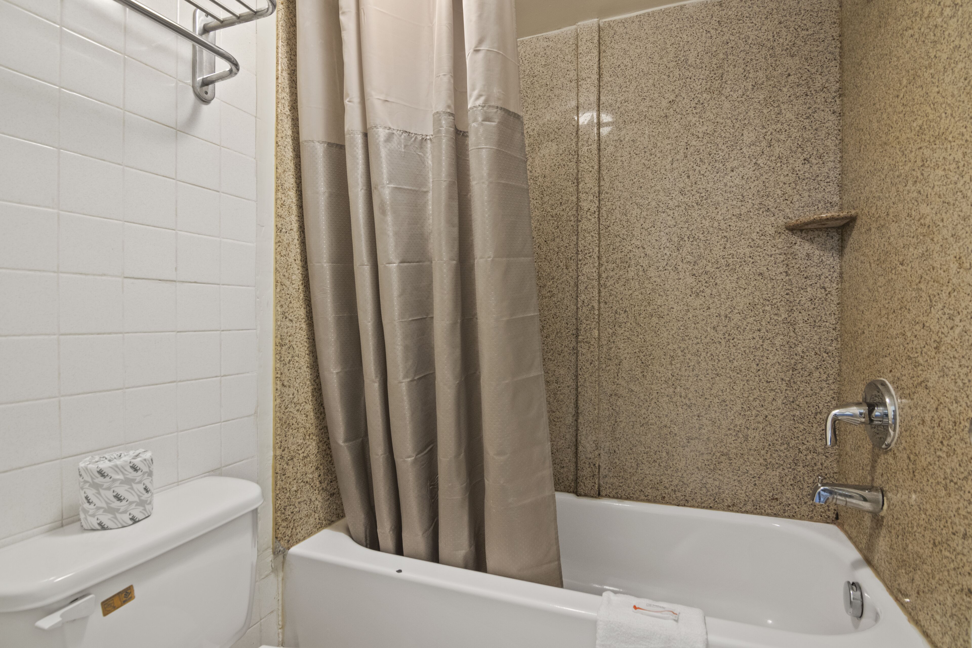 A bathroom with a toilet, shower, and bathtub.