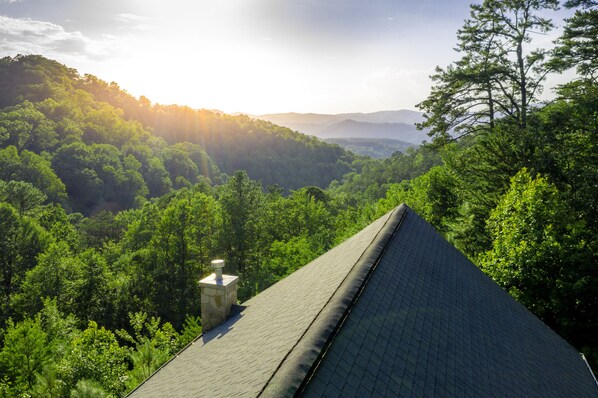 A roof with a chimney, surrounded by dense green forest and hills in the background.