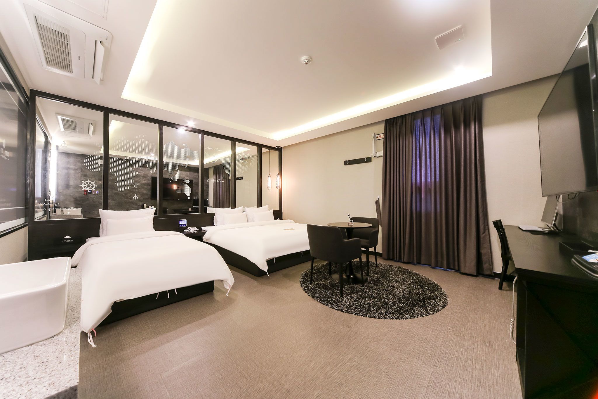 Desk, blackout curtains, soundproofing, iron/ironing board