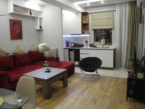 Flat-screen TV, books