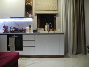 Fridge, oven, cookware/dishes/utensils, paper towels