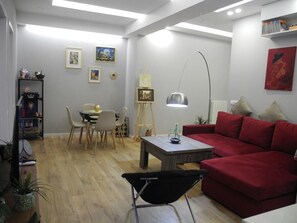 Flat-screen TV, books