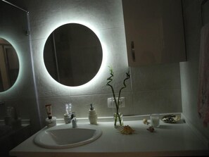 Shower, bidet, towels, toilet paper