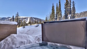 A hot tub with a snowy mountain backdrop, surrounded by snow-covered trees.