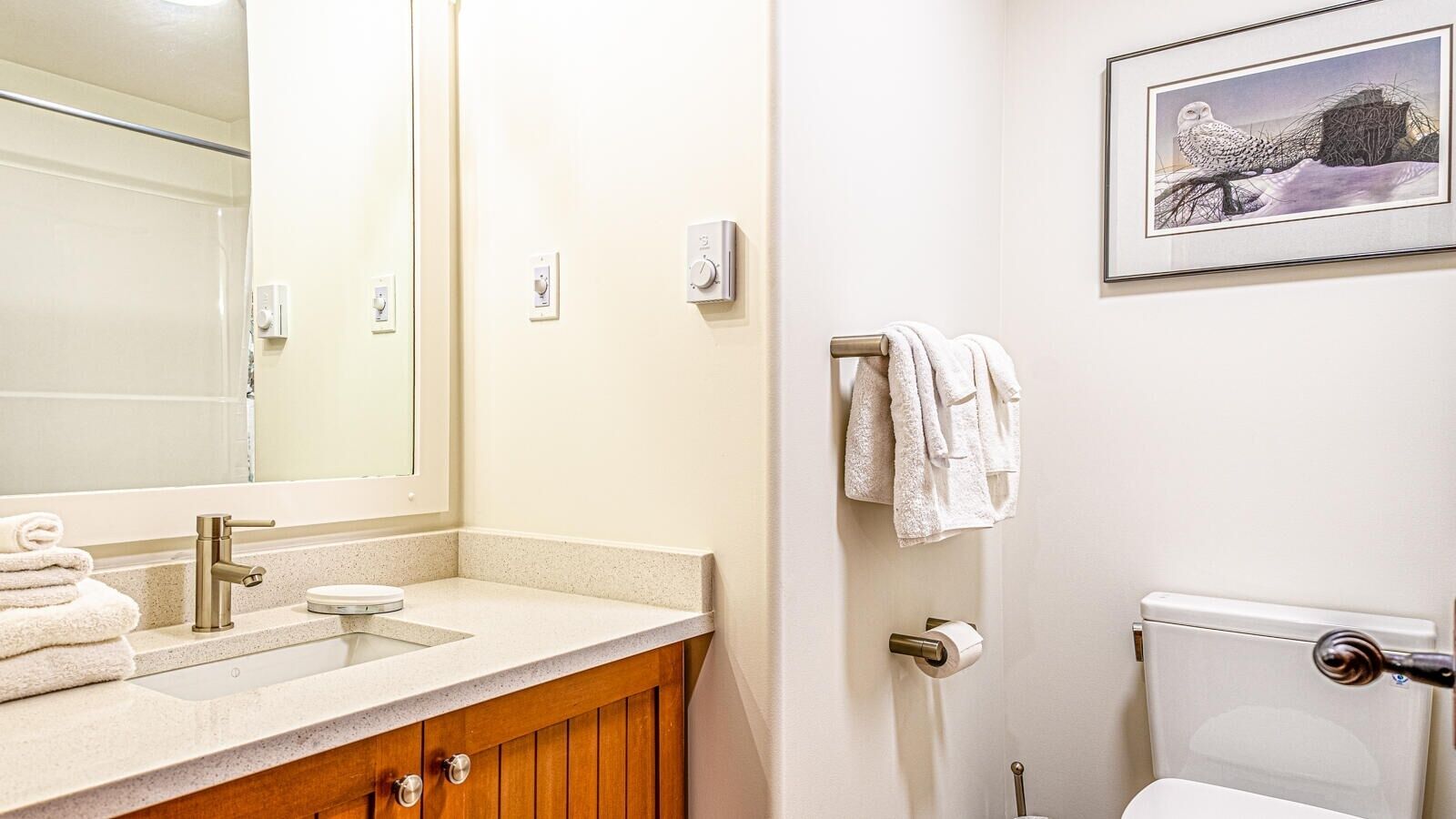 A bathroom with a sink, mirror, towel rack, toilet, and a framed picture on the wall.