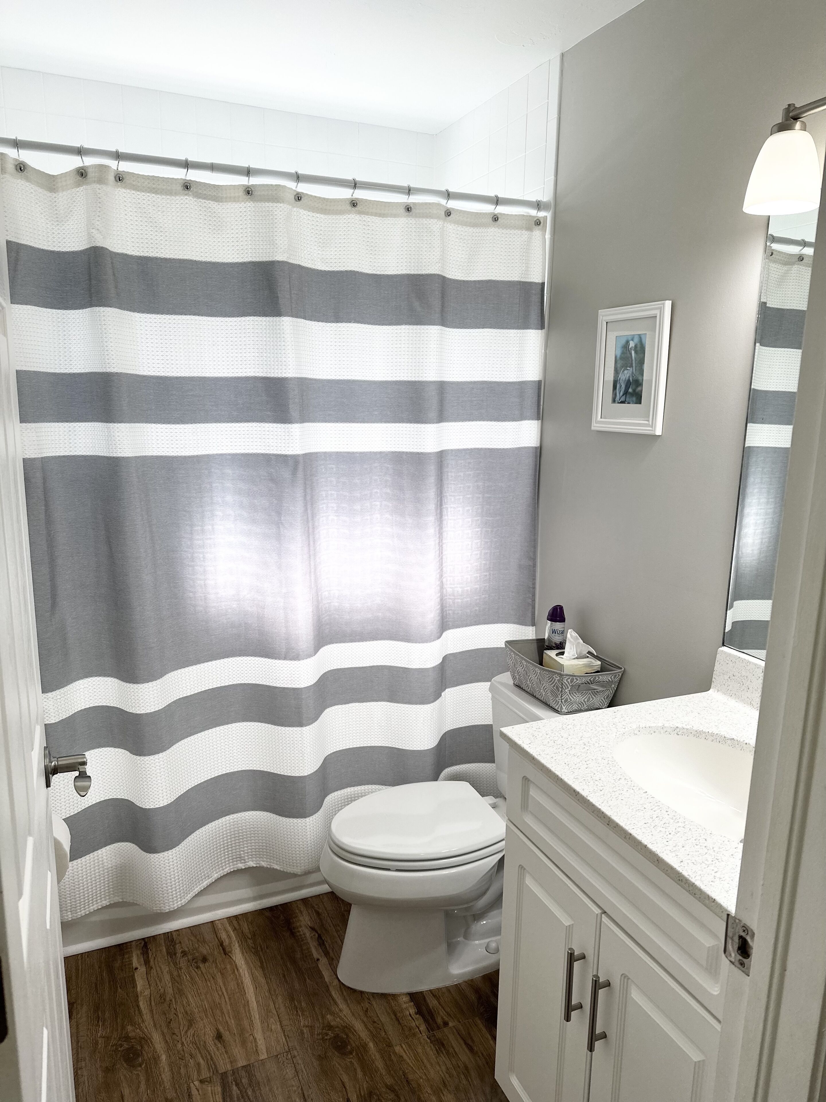 A bathroom with a striped shower curtain, a toilet, a sink with a mirror, and a framed picture on the wall.