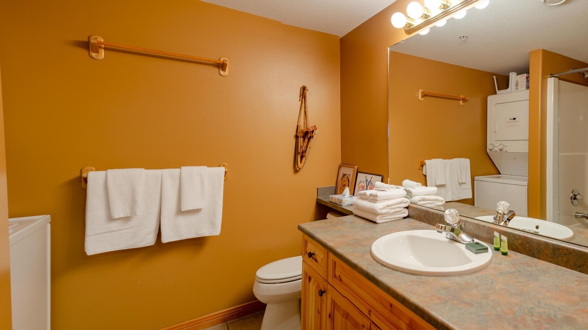 A bathroom with a sink, mirror, towel rack, and a toilet.