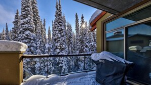A balcony with snow-covered trees and a clear sky.