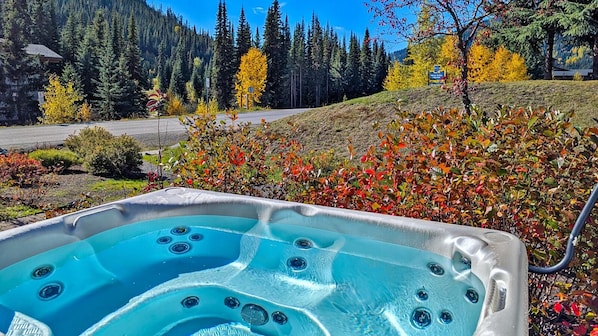 A hot tub in a natural setting with a forested background.