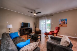 Smart TV, fireplace, books