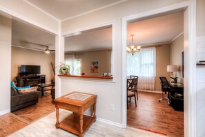 Smart TV, fireplace, books