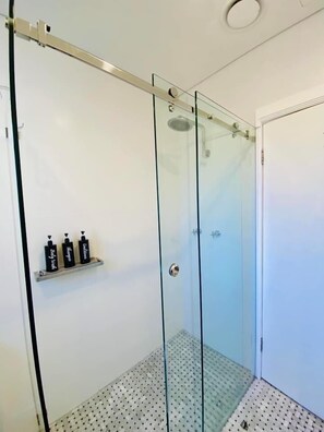 Shower, hair dryer, towels, soap