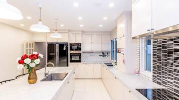 Fridge, microwave, oven, electric kettle