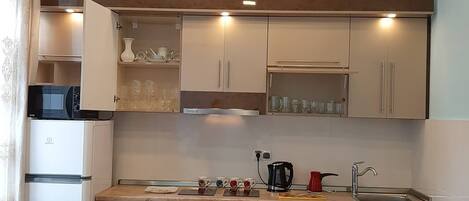 Fridge, microwave, stovetop, coffee/tea maker