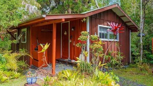 A rustic wooden cabin with a porch, surrounded by lush greenery and various plants. - 1 Mile Away from Volcano National Park (Volcano)