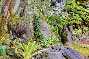A natural setting with a moss-covered tree, a large rock with a carved face, and various plants.