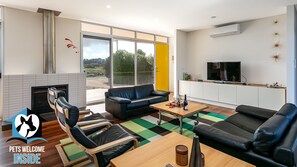 A modern living room with a fireplace, a sofa, a coffee table, and a TV.