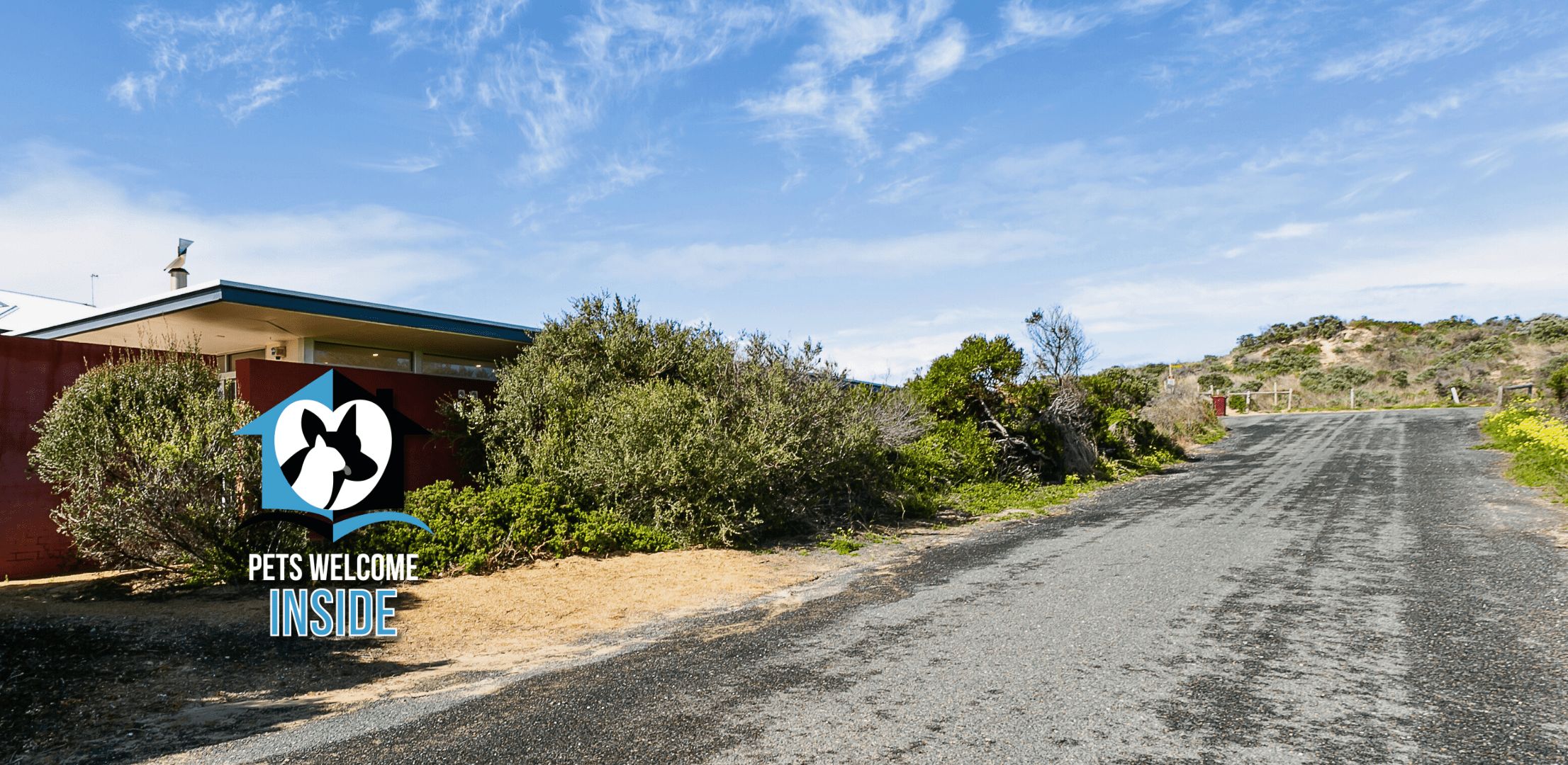 A rural road with a building on the left, surrounded by vegetation.