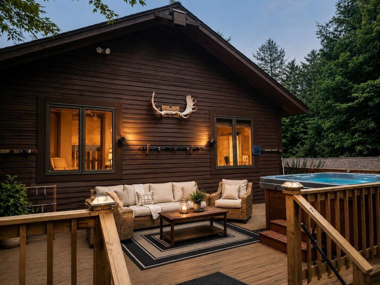 Back deck with seating and hot tub. Looks over fire pit and mini cabin. 