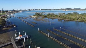 Un port de plaisance doté de plusieurs quais et abritant de nombreux bateaux, entouré de verdure et offrant une vue lointaine sur les gratte-ciel de la ville.