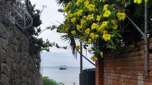 Un sendero estrecho que conduce a una playa, con un muro de ladrillo a un lado y uno de piedra al otro.