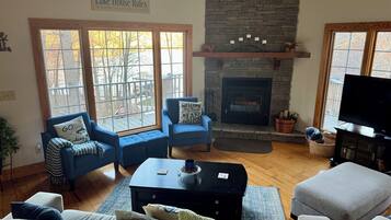 Smart TV, fireplace, video games, DVD player