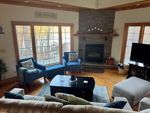 Smart TV, fireplace, video games, DVD player