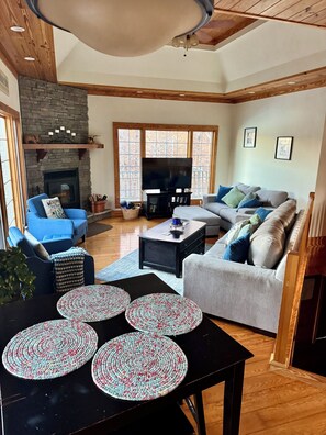 Smart TV, fireplace, video games, DVD player