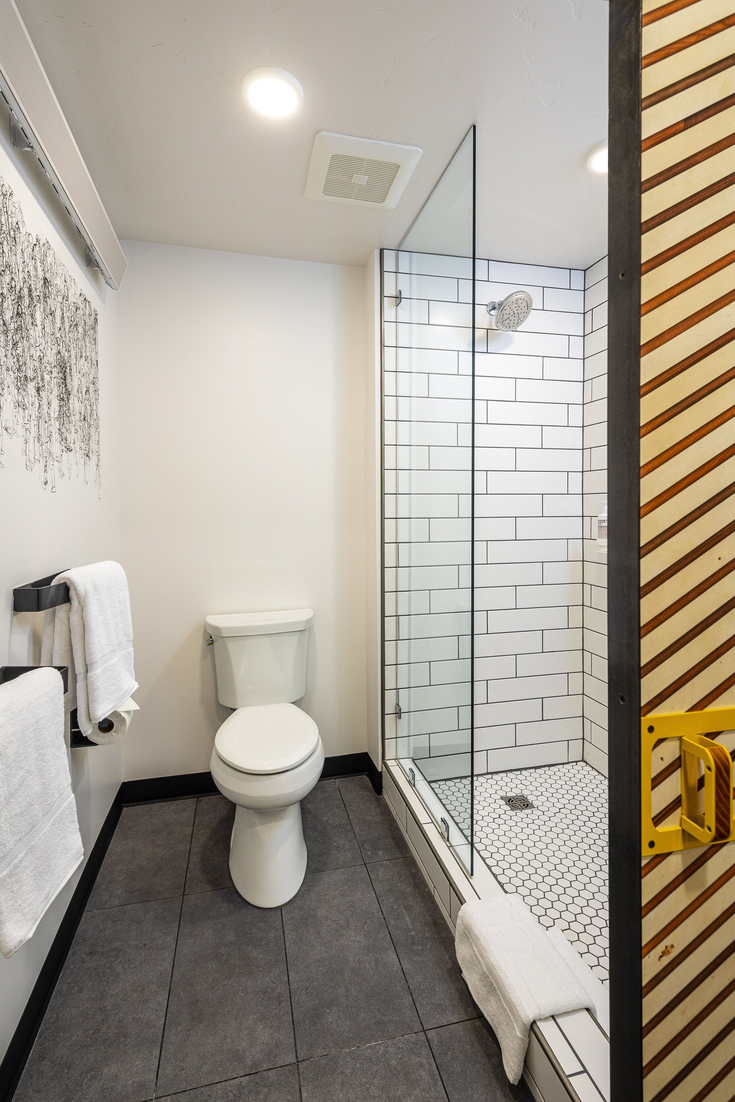 shower, designer toiletries, hair dryer, bathrobes