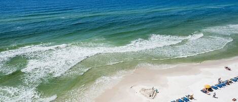 A beach with clear blue water, a sandy shore, and rows of blue beach chairs and yellow umbrellas.