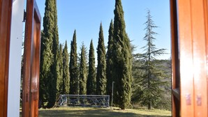 A view through a wooden door of a grassy field with tall trees and a metal structure in the distance. - Villa with view of the Poppi castle, unlimited Internet use (Poppi)