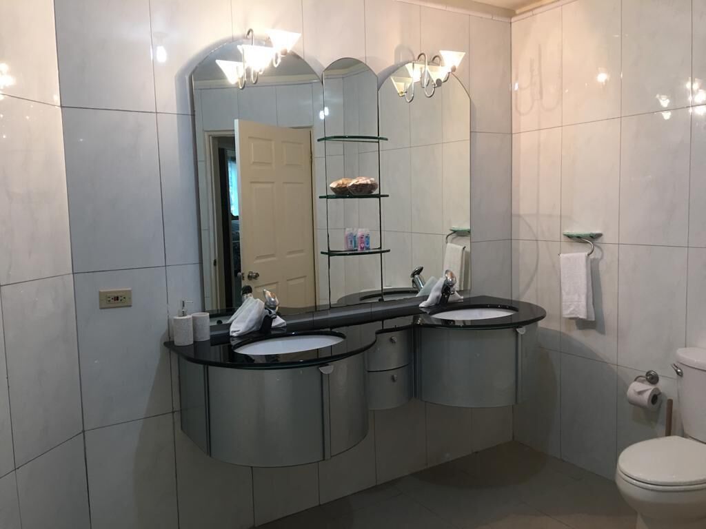 Combined shower/tub, jetted tub, hair dryer, towels