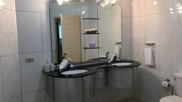 Combined shower/tub, jetted tub, hair dryer, towels