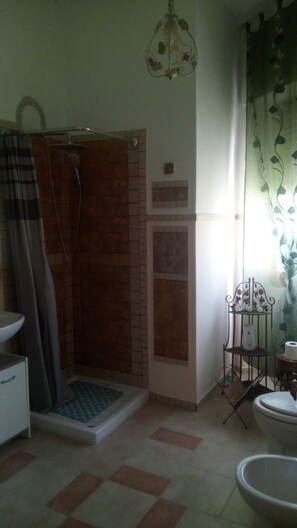Een douche, een haardroger, een bidet, handdoeken