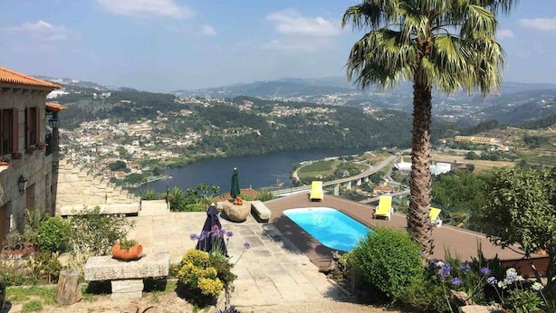 A pool with a view of a river and mountains, surrounded by greenery and a palm tree. - Douro and Tâmega - Quinta do Baroco  (Penafiel)