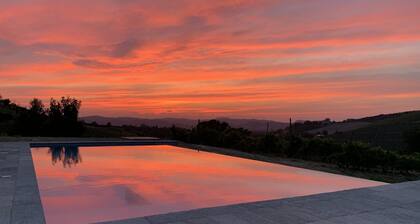 Villa avec vignobles, piscine à débordement, vue sur un château UNESCO et les Alpes.