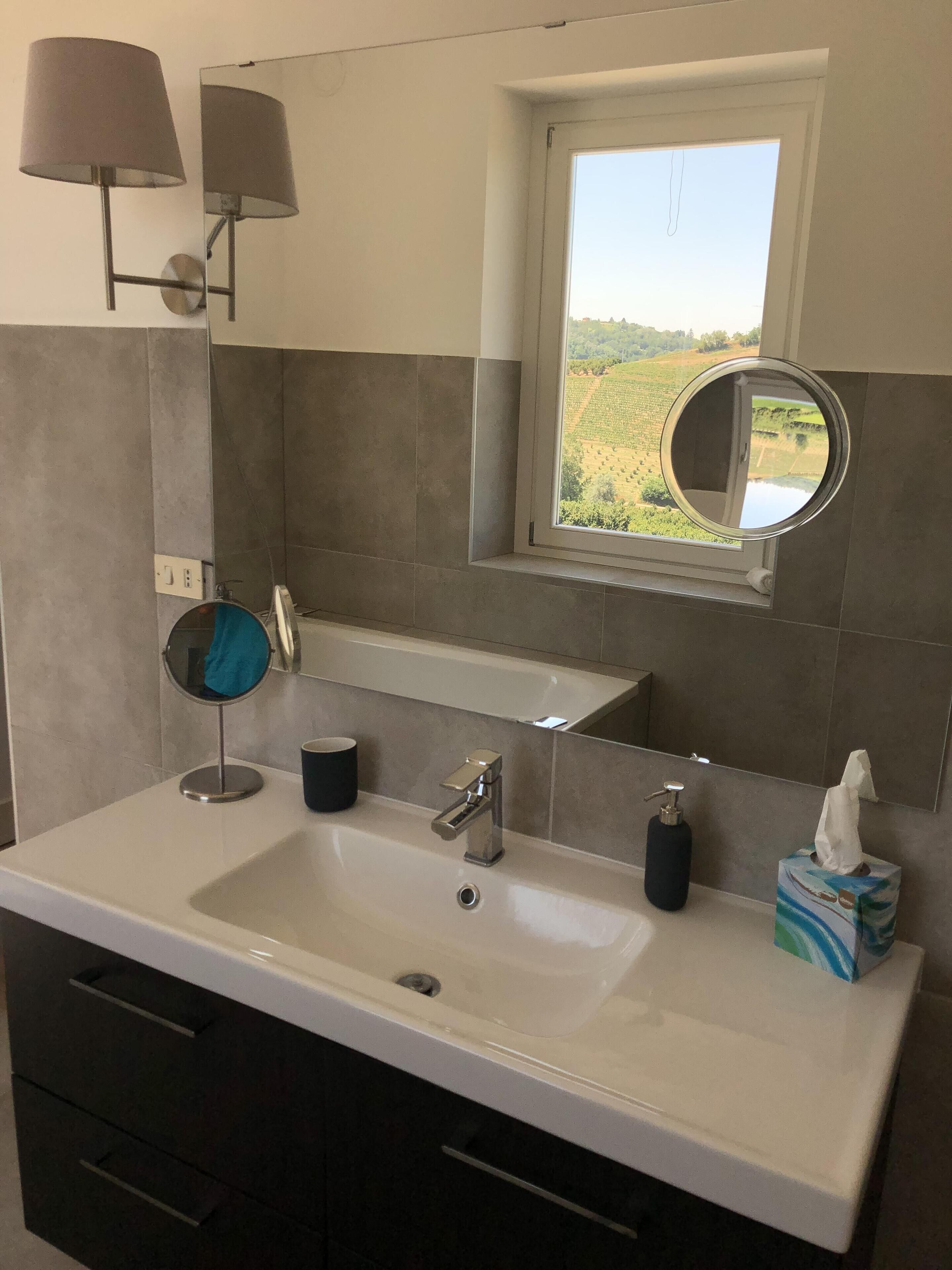 A bathroom with a large sink, a mirror, a window with a view of a field, and a towel dispenser.