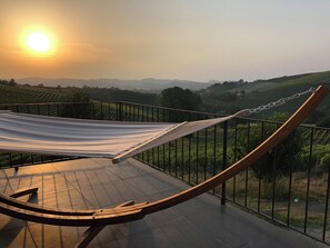 Una hamaca en un balcón con vistas a viñedos y colinas lejanas.