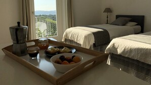 Ein Hotelzimmer mit zwei Betten, einem Frühstücksbrett mit Kaffee, Obst und einem Glas Saft, und Blick auf einen Weinberg durch das Fenster.