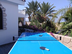 Une table de ping-pong installée à l’extérieur, avec une raquette à proximité, entourée d’une végétation luxuriante et de palmiers.