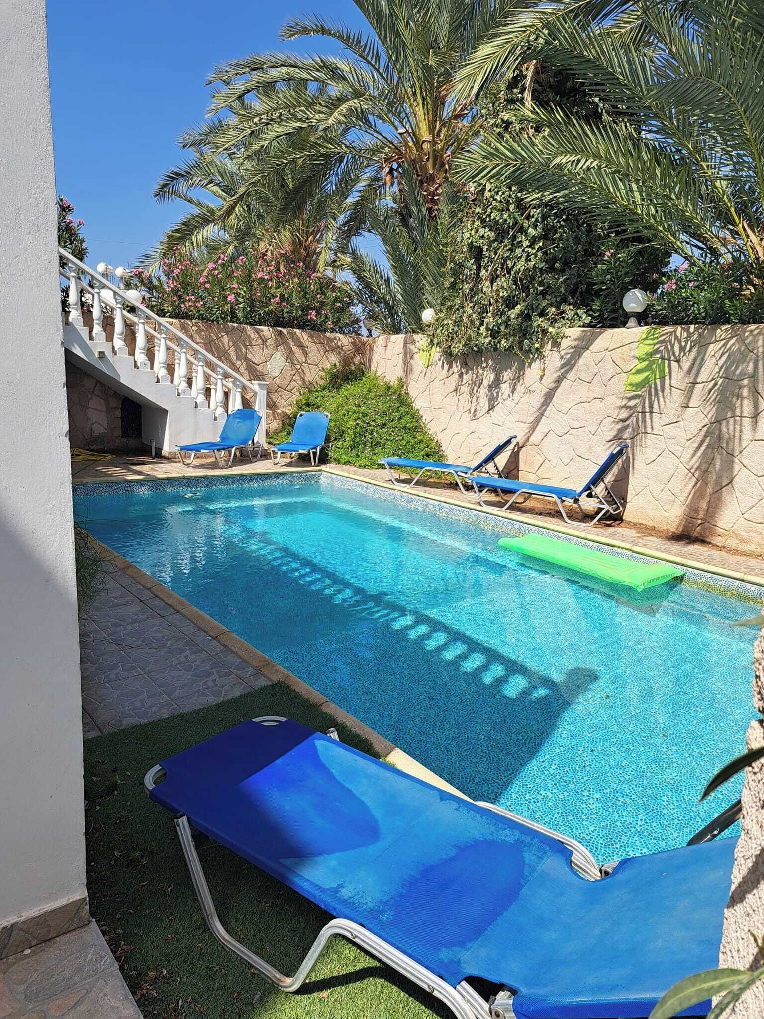 A swimming pool with blue lounge chairs, a stone wall, and palm trees.