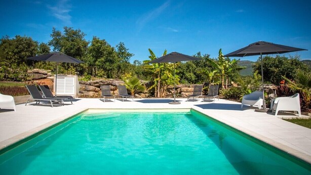A swimming pool with lounge chairs and umbrellas, surrounded by greenery and rocks. - Spacious & new holiday home for max. 6 people (Aljubarrota)