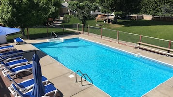 Seasonal outdoor pool, open 10:00 AM to 8:00 PM, pool loungers