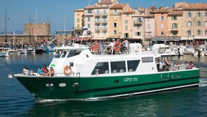 Ein grün-weißes Boot mit dem Namen GIPSY XV liegt in einer Marina vor einer Gebäudebäckgrund.