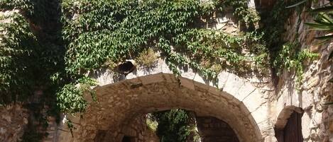 An arched stone structure with ivy growth, labeled "Chez Romane".