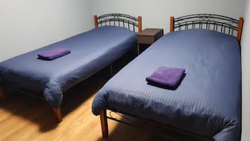 Two single beds with wooden frames and blue bedding, a small bedside table, and a framed picture on the wall.