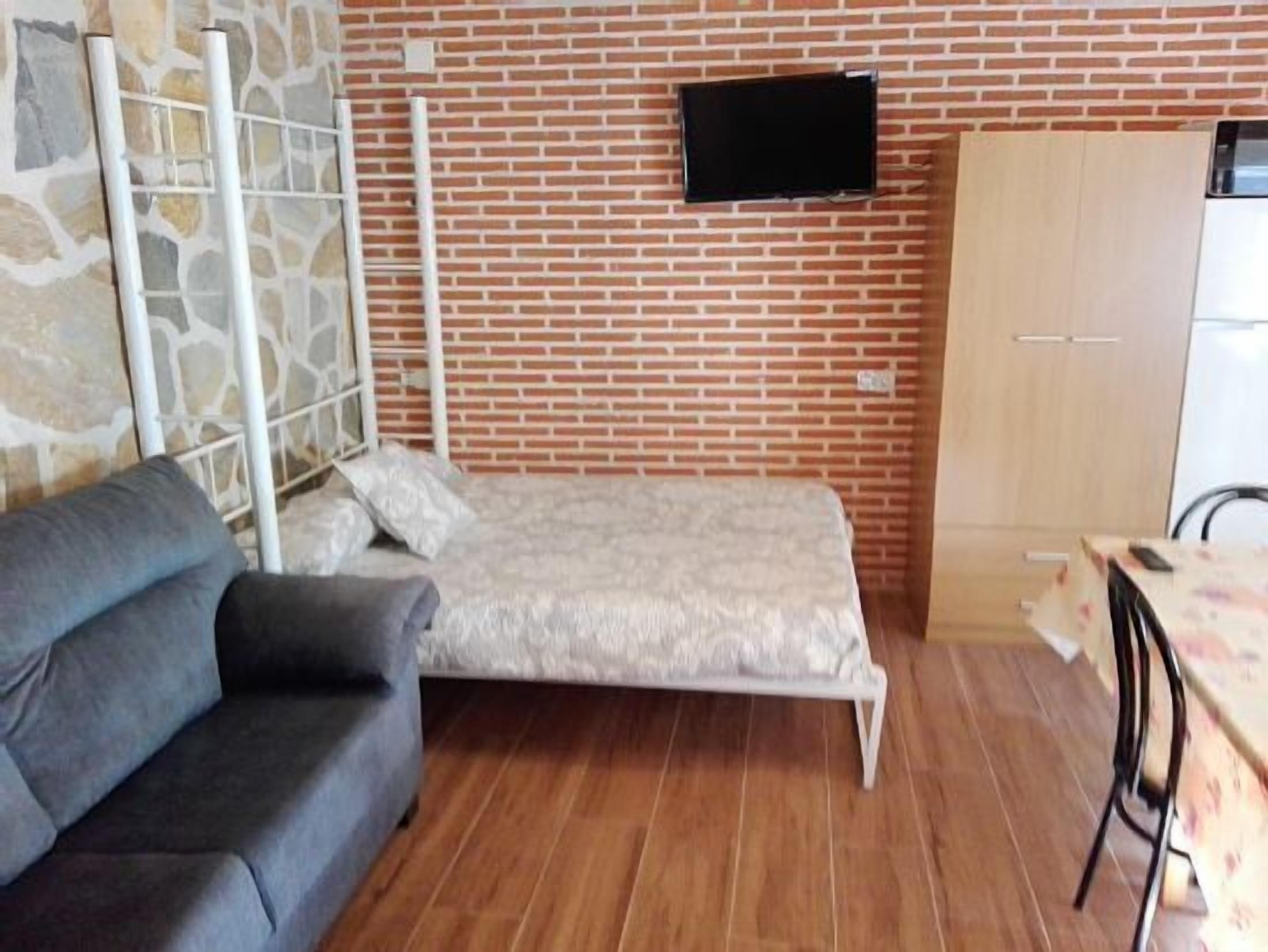 Une pièce avec un mur en briques, un lit, un canapé gris et un téléviseur fixé au mur.