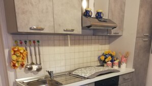 Una cucina con mobili grigi, un lavello in acciaio inossidabile e un tappeto fantasia.