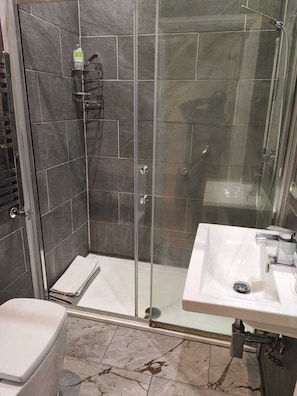 Ein modernes Badezimmer mit einer Duschkabine, einem weißen Waschbecken und einer Toilette.